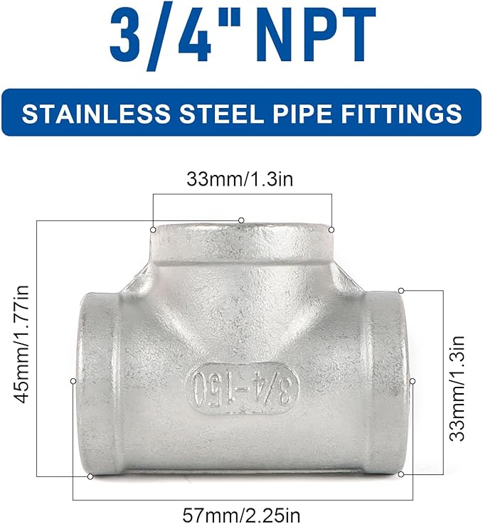 Kodilin Pipe Fittings 304 Stainless Steel Tee Pipe Fittings 3/4" x 3/4" x 3/4" NPT Female Thread Adapter - 4PCS