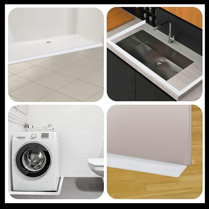 Raycity Collapsible Shower Threshold Water Dam Barrier,Shower Door and Kitchen Water Strip Dam Shower Guard for Dry And Wet Separation Caulk Seal Strip Edge Trim(98Inches/White)