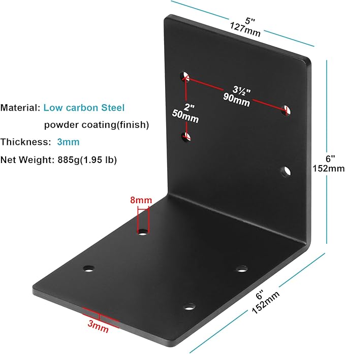 4 PCS Black 6" x 6" x 5" Heavy Duty Steel L Right Angle Bracket, Corner Brace for Timber Connector Shelves Wood Support, Thickness 1/8", Max Load 150 lb