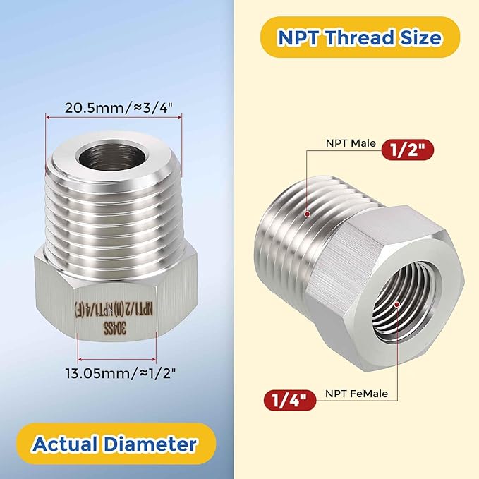 2 Pack 304 Stainless Steel Pipe Fittings, 1/2" MNPT to 1/4" FNPT Hex Bushing Reducer, Hose Tube Threaded Adapters for Air, Oil, LP, Gas