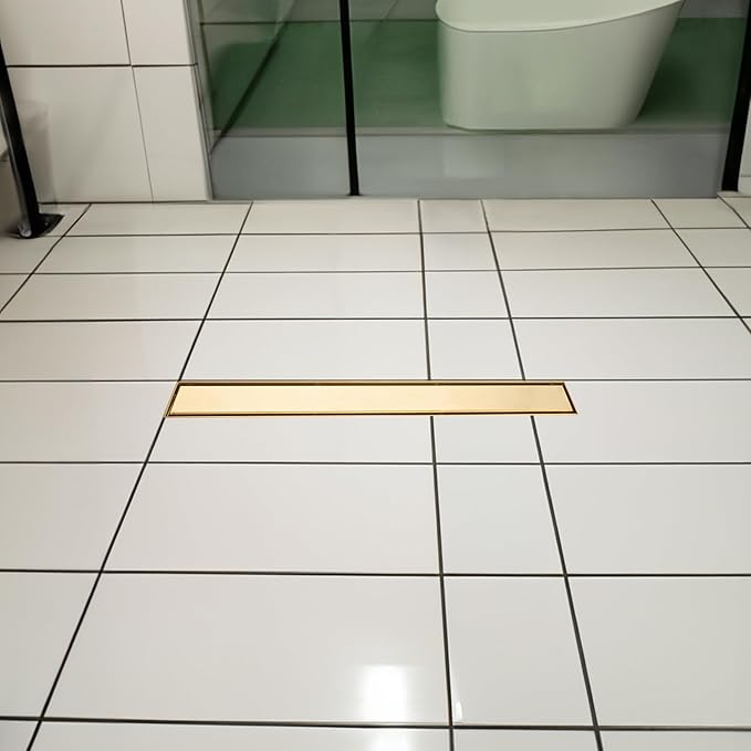 28 inch Linear Shower Drain with Removable Square Hole Panel by Using Brushed 304 Stainless Steel Process, Linear Drain Equipped with Adjustable Feet and Hair Strainer(Brushed Gold Color)