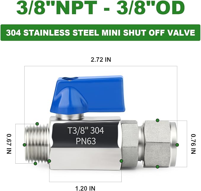 TAISHER 2PCS 304 Stainless Steel Compression Mini Ball Valve Shut Off Switch, 3/8" Tube OD x 3/8" NPT Male
