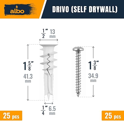 ALBO Self Drilling Drywall Anchor Set Hollow Wall with Screws 50 pcs. (White Anchor 25pcs + Screws 25pcs) Plastic E-Z Ancor Kit