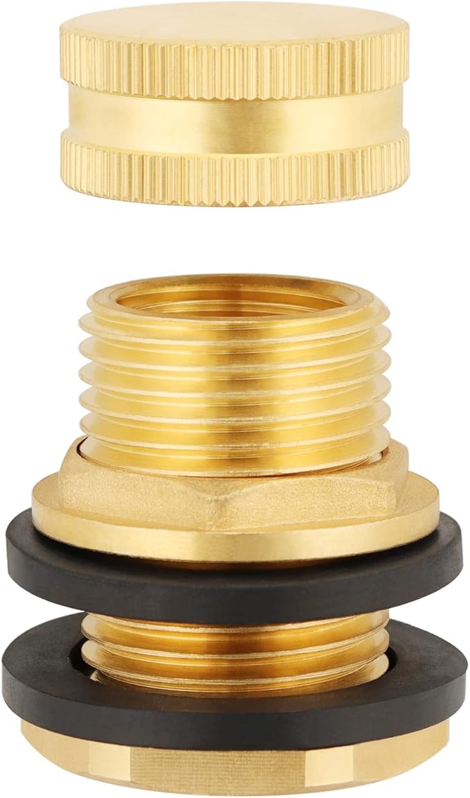 Brass Tank Bulkhead Fitting With Plug,Double 1/2" Female NPT and 3/4" Male GHT (Garden Hose Threaded)