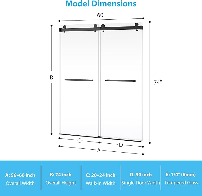Frameless Double Sliding Shower Door - 56 to 60 Inch Adjustable Width x 74 Inch Height, 1/4" (6mm) Clear Tempered Glass with Easy-Clean, Space-Saving Bypass Design, Matte Black Finish for Bathroom