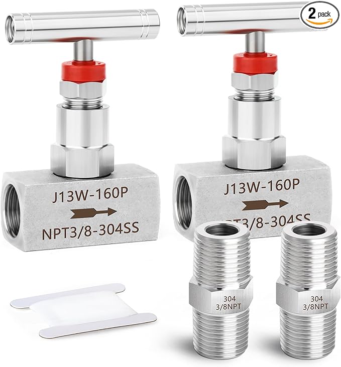 TAISHER 2PCS 304 Stainless Steel High Pressure Straight Needle Valve 3/8" Female NPT For Flow Control Water Gas Oil With Nipple
