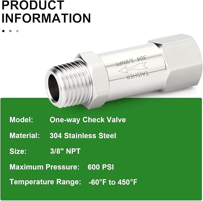 TAISHER 1PCS 304 Stainless Steel 3/8" NPT Male x 3/8" NPT Female Check Valve,Backflow Prevention,One Way Non-Return Check Valves