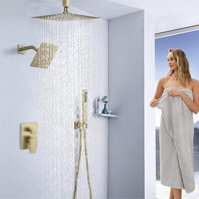 Shower Faucet Set Brushed Gold Shower System, Knob Switch Diverter Shower Faucet with High Pressure Handheld Spray, Ceiling Mount 12 Inch Shower Head with 6 Inch Wall Mount Shower Head