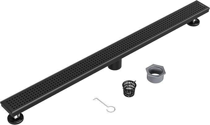 Neodrain 36-Inch Black Linear Shower Drain with Removable Quadrato Pattern Grate,304 Stainless Steel Rectangle Shower Floor Drain, Linear Drain with Leveling Feet,Hair Strainer,Matte Black