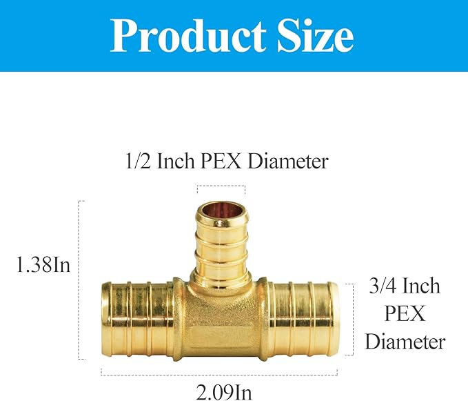 WiseWater 28 Pcs 3/4 x 3/4 x 1/2 Inch Reducing Tee PEX Fittings, Brass Barb Crimp PEX Pipe Fitting for PEX Pipe Plumbing Projects (Pack of 28)