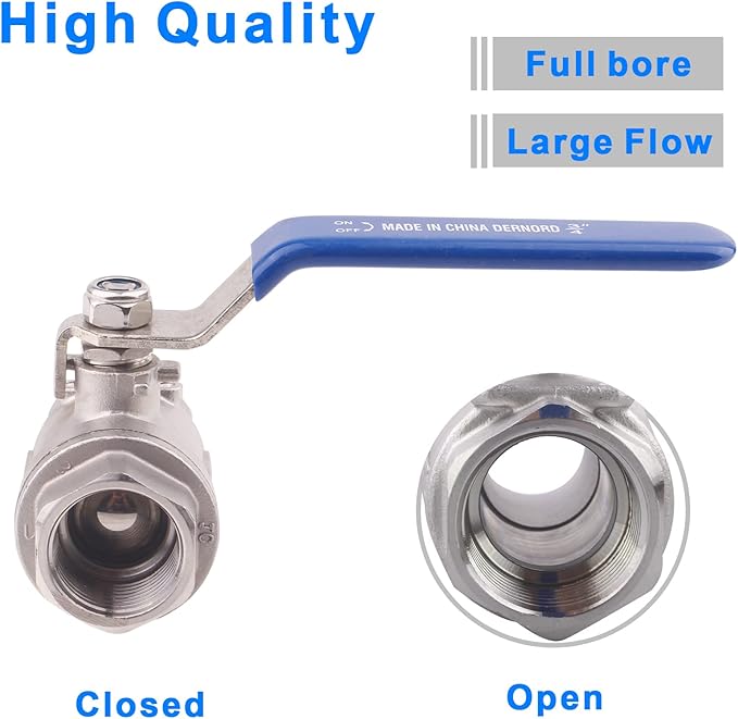 DERNORD Full Port Ball Valve Stainless Steel 304 Heavy Duty for Water, Oil, and Gas with Blue Locking Handles (3/4" NPT)
