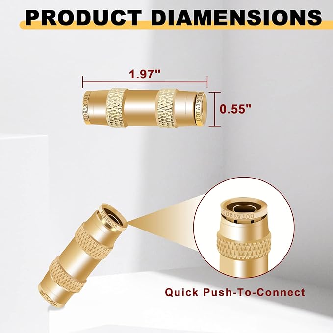 Siptenk 3/8 Air Brake Line Fittings 5PCS, DOT Brass Straight Union 3/8" OD Tube Air Line Quick Connect Fittings Push-to-connect Fittings for Truck Trailers Industry Air System