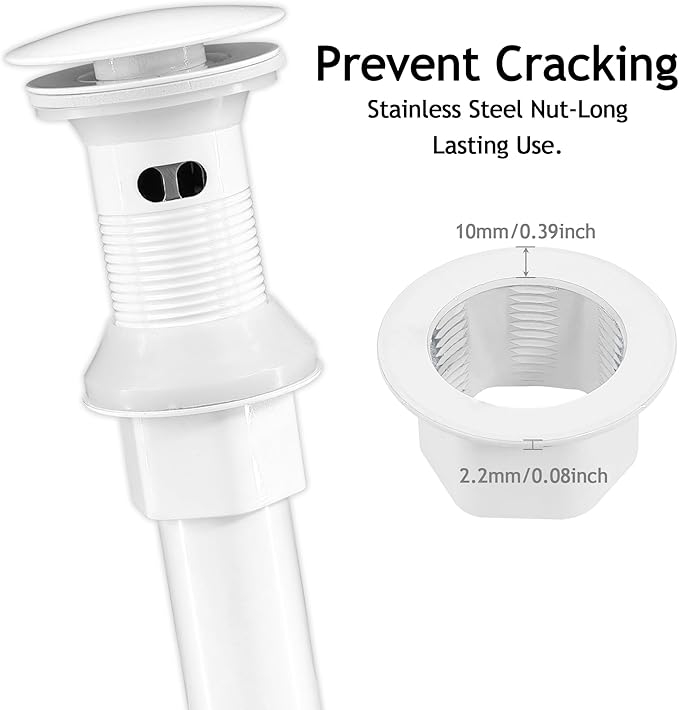Bathroom Sink Drain,Drain Stopper Bathroom Sink with Overflow,Pop Up Drain Assembly with Detachable Strainer Basket,Built-in Anti-Clogging, Stainless Steel Nut White