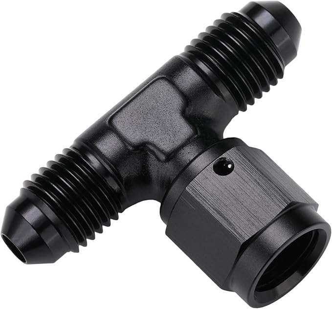 4AN Male Flare Tee T Fitting Adapter with AN4 Female Swivel On Side Aluminum Black