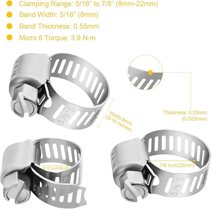 Winlong Stainless Steel Hose Clamps 1/2''- 24 PK Mini Size 6 Worm Gear Drive 3/4'' Clamps All 304 Clamping Range from 5/16 Inch to 7/8 Inch (8mm-22mm) for Automotive Plumbing, 1/2'' Hose Clamps