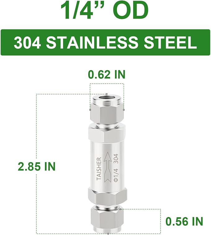 TAISHER 1PCS 304 Stainless Steel 1/4" Tube OD Check Valve,Backflow Prevention,One Way Non-Return Check Valves