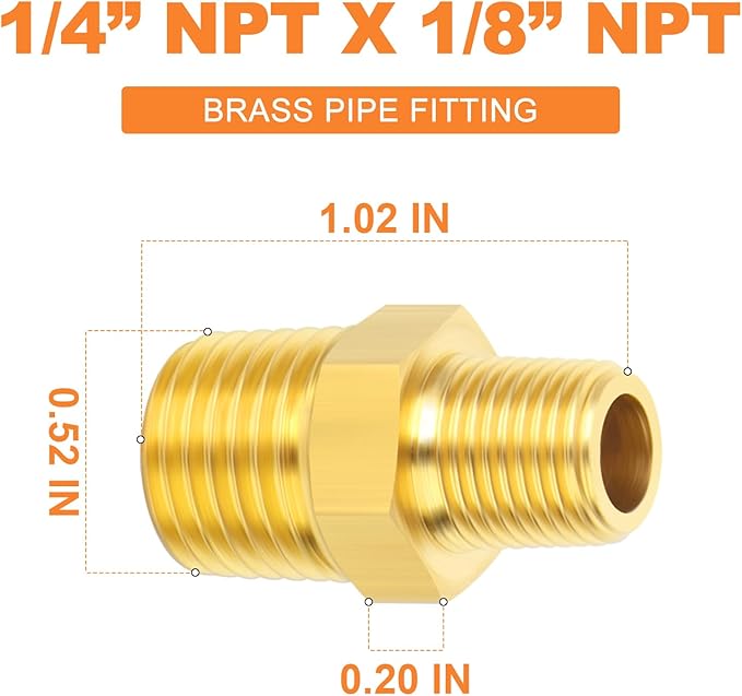 GASHER Brass Reducing Hex Nipples,1/4 Inch NPT Male x 1/8 Inch NPT Male Brass Pipe Adapter Fittings Reducing Nipples Connector（15Pcs）
