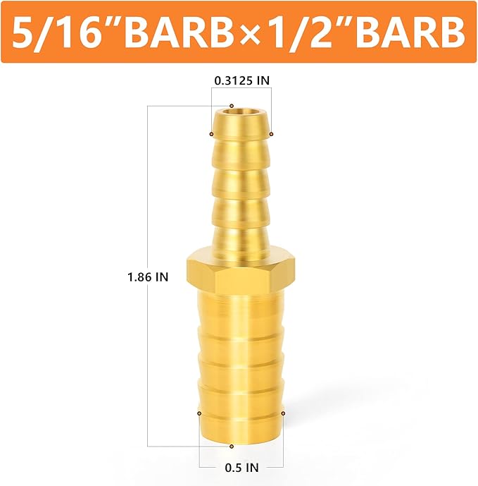 GASHER 2 Pieces Brass Hose Barb Reducer, 1/2 Inch to 5/16 Inch Hose ID with 4 Hose Clam, Brass Barb Reducer SPLICER Fitting Fuel/AIR/Water/Oil/Gas/WOG