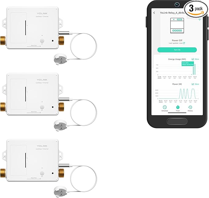 YoLink LeakStop 1-Channel, 3-Pack, Auto Shutoff Valves & Leak Detectors for Toilets/Sinks, Real-Time Monitoring, LoRa Long-Range, 2 AA Up to 5-Year Battery – Hub Required
