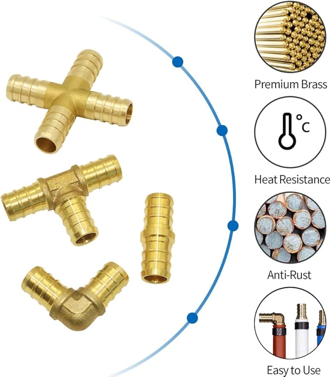 Hooshing 20PCS PEX Fittings Combo: 1/2 Inch Straight Coupling, 90 Degree Elbow, Tee, 4 Ways Fittings - Solid Brass Barb Crimp Pipe Hose Fittings