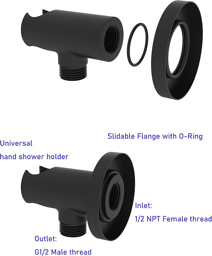 Aquaiaw Wall Supply Elbow with O-Ring Flange, Electroplate Matte Black, Solid Brass Wall Union with Hand Shower Holder, Tapered 1/2 NPT Female Inlet, Round, W/Handheld Showerhead bracket, G1/2 Outlet