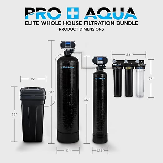 PRO+AQUA Elite 5-Stage Whole House Water Softener and Filter Bundle System for Well Water | Reduces Heavy Metals, Iron, Sulfur, Sediment, Chlorine, and More | Ideal for 3-4 Bathrooms (3 System Bundle)