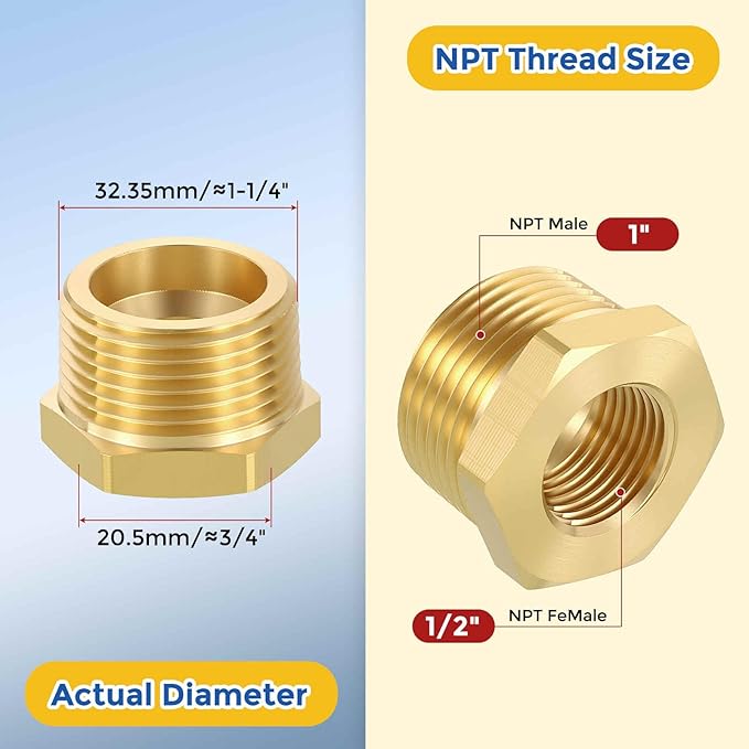 2 Pack Brass Pipe Fittings, 1" NPT Male to 1/2" NPT FeMale Brass Hex Bushing Reducer, Hose Tube Threaded Adapter for Air, Oil, LP