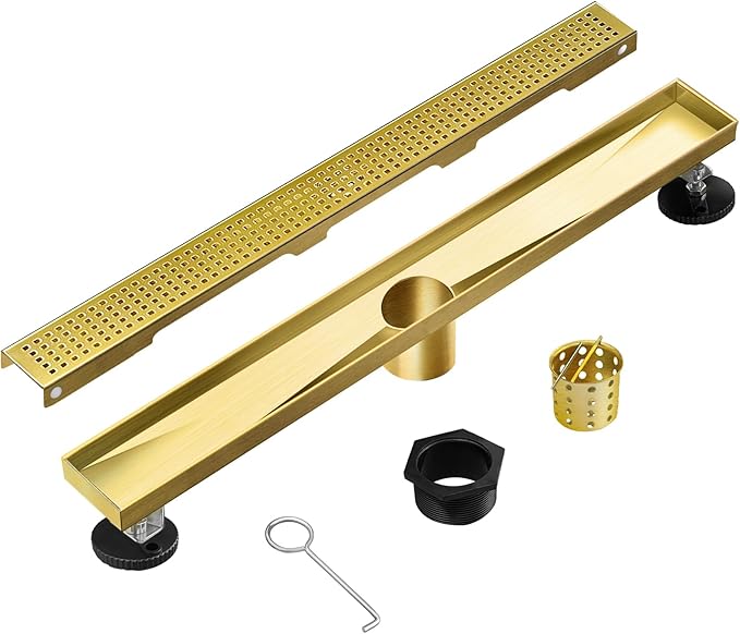 Linear Shower Drain, 28 inch Gold Drain with Removable Grate Cover, Brushed 304 Stainless Steel Shower Floor Drain, Linear Drain with Hair Strainer and Adjustable Feet
