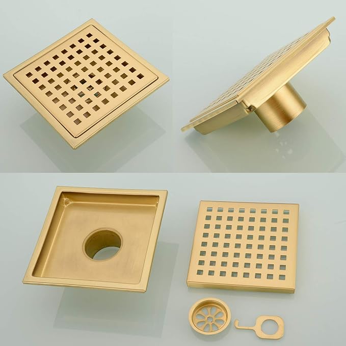 Square Shower Floor Drain with Removable Cover Grid Grate 6 inch Long, SUS 304 Stainless Steel Brushed Gold Brass Finished