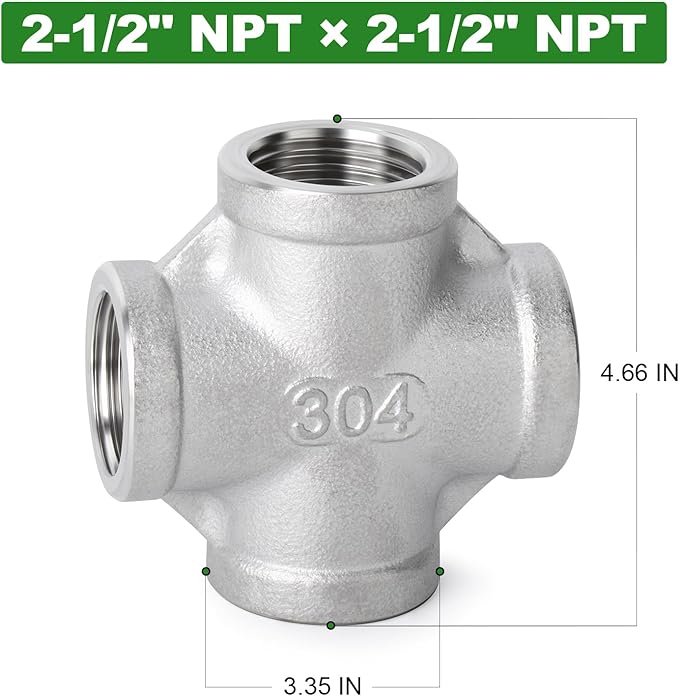 TAISHER 1PCS Stainless Steel 4 Way Pipe Fittings, 2-1/2" x 2-1/2" x 2-1/2" x 2-1/2" NPT Female Pipe Fittings