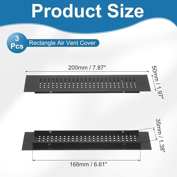 PATIKIL 8 x 2 Inch Door Air Vent Cover, 3 Pcs Aluminum Grille Ventilation Cover Louvered Diamond Hole with Mounting Screws for Cabinet Wardrobe Ceiling Door, Black