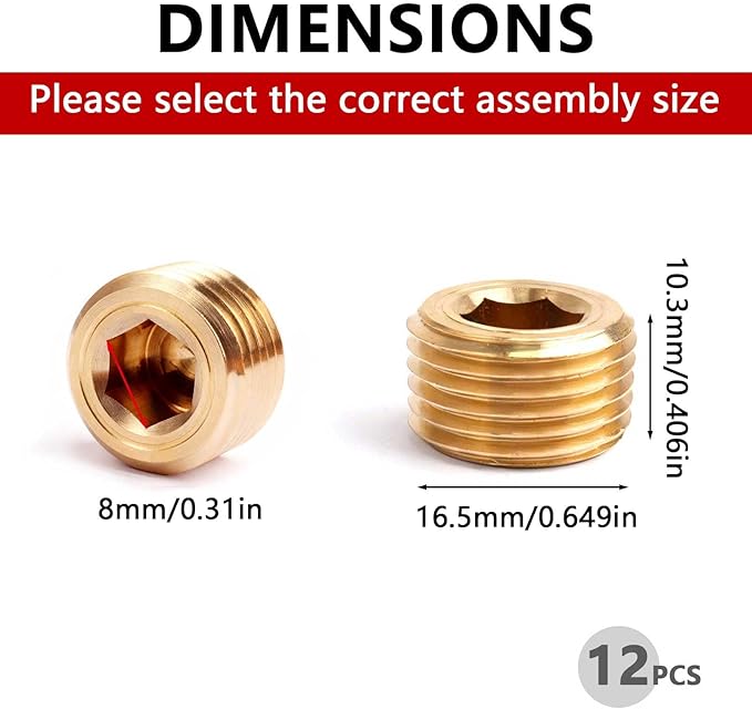12PCS Brass Pipe Plug Fitting 3/8" NPT Male Plug Hex Counter Sunk Plugs,Internal Hex Thread Socket Pipe Plugs Kit