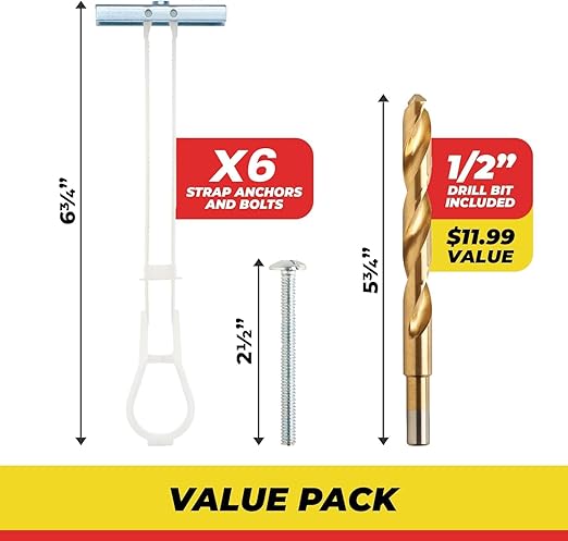 1/4”-20 Quick Easy Heavy Duty Toggle Anchors with Bolts - Hollow Wall Anchors with Steel Wings, Adjustable Up to 2 1/2" Thick Wall, Holds Up to 1080 Lbs, Heavy Duty Drill Bit Included (6 Pack)