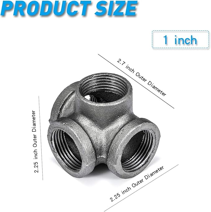 1" 4-Way Side Outlet Tee, Home TZH 4-Pack 4-Way Corner Cast Black Malleable Iron Pipe Fitting for Industrial Pipe, Furniture and DIY Decoration (4, 1")