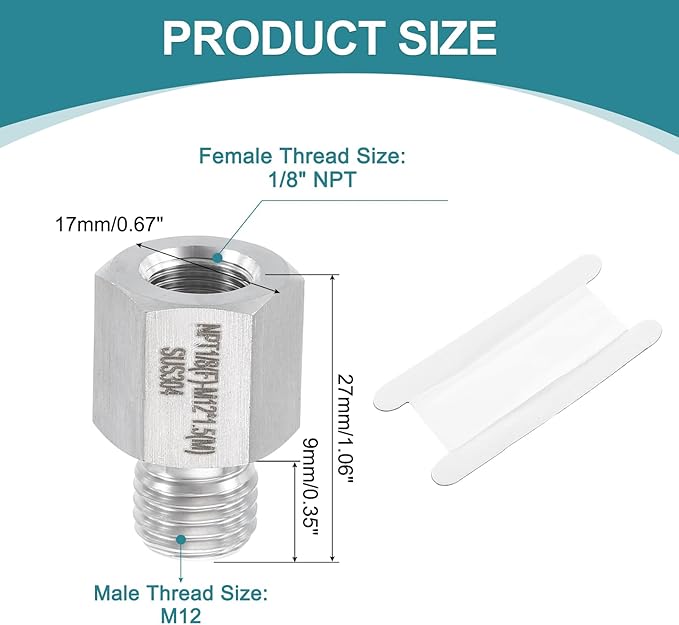 uxcell Pipe Fitting Reducing Adapter, M12 Male x 1/8" NPT Female 304 Stainless Steel Reducer Connector for Water Oil Air Pressure Gauge, Silver