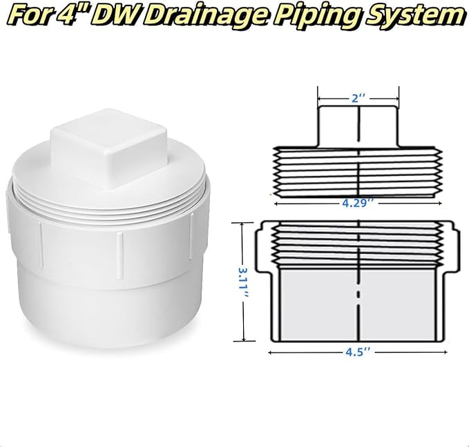 4" PVC Sewer Cleanout Adapter with Plug Pipe Fitting, Drainage Sewer Cleanout Cap PVC DWV Pipe Cover,For Use With 4-Inch Sewer and Drain Pipe