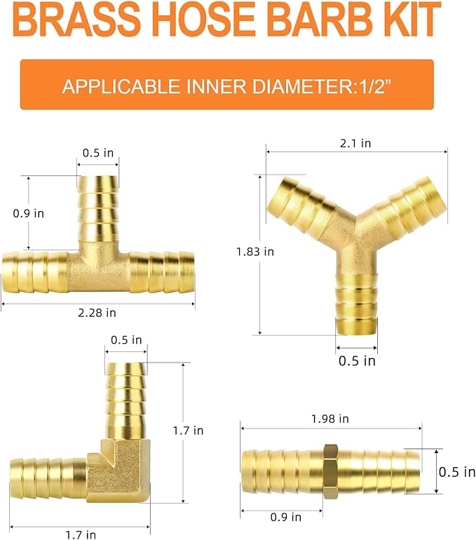 GASHER 8-Piece 1/2 Inch Brass Hose Barb Set, 90 Degree L Right Angle Elbow, Y-Shape Air Hose Connector, Tee Hose Connector, Fuel/AIR/Water/Oil/Gas/WOG