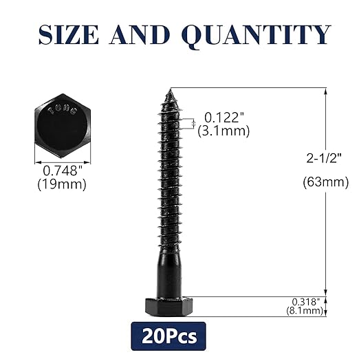 1/2" x 2-1/2" Hex Head Lag Screws Bolts 20Pcs 304 Stainless Steel 18-8, Partial Thread, Hexagon Head Wood Screws by Black Oxide by SG TZH