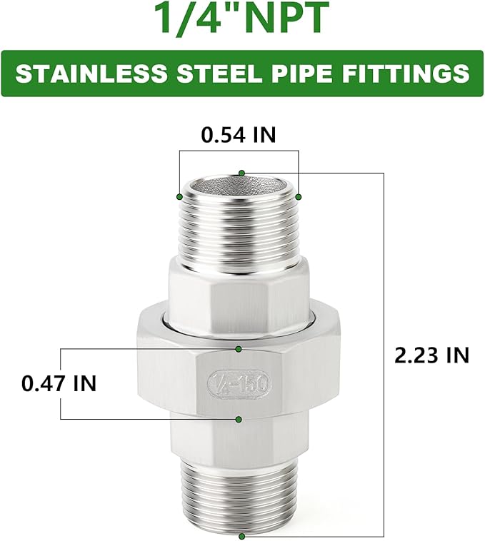 TAISHER 5PCS 304 Stainless Steel Union，1/4" NPT Male x 1/4" NPT Male Cast Pipe Fitting