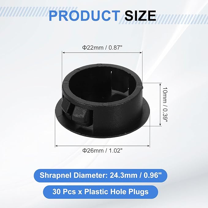 uxcell 30Pcs Plastic Hole Plugs, 22mm(7/8") Flush Type Panel Plugs, Round Snap Knockout Locking Plugs for Furniture Insert End Caps Panels, Black