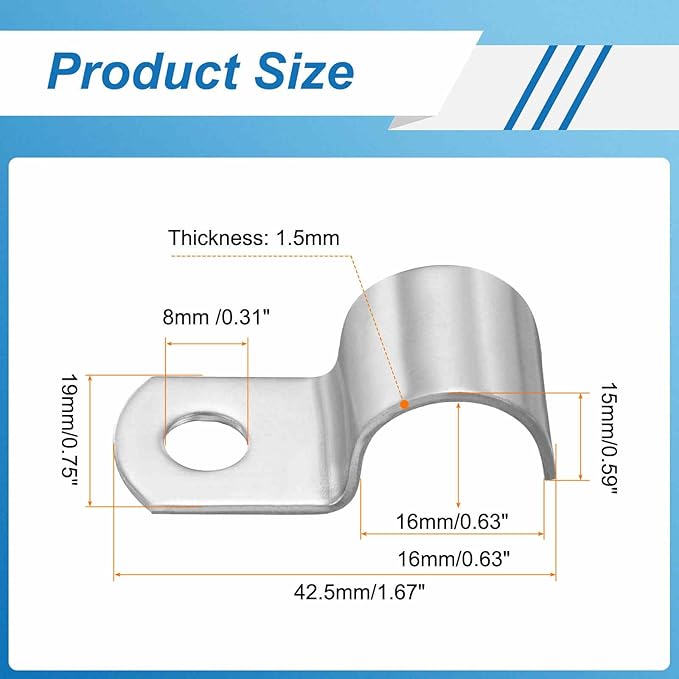 HARFINGTON 5/8 Inch Pipe Strap, 304 Stainless Steel Conduit Clip 10Pcs Single Hole Strap Clamp for Pipe Tube Cable Fixing (16mm, Silver)