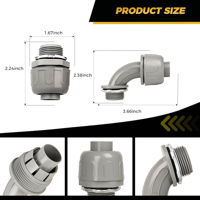 Conduit Connectors, 3/4 Inch Liquid Tight Connector NPT Non-Metallic for PVC Electrical Flexible Conduit Fittings, 50 Straight and 50 Angle 90 Degree, UL Listed, Grey (100-Pack)