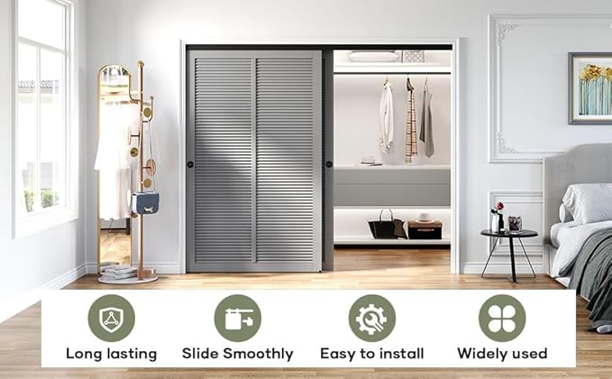 EaseLife 8FT/96in Bypass Double Sliding Pocket Door Hardware Kit, Aluminum, Black, Modern Style