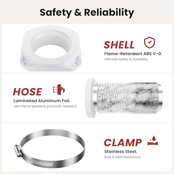 Magnetic Dryer Vent Coupling FR ABS V-0 Dryer Vent Connector Kit Airtight Seal Easy to Clean Quick Connector Including a 2.6ft 4" Duct and two Clamps, White, SDV180