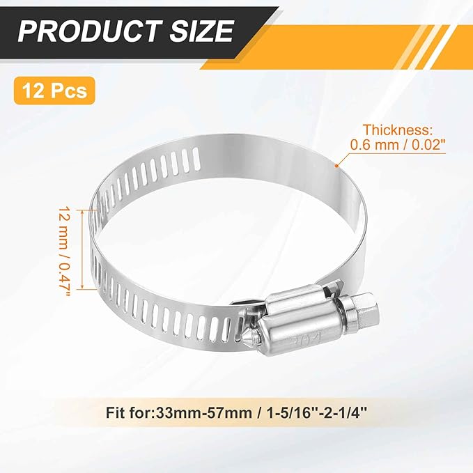 HARFINGTON 12 Pcs Hose Clamp 1-5/16"-2-1/4" (33-57mm) 304 Stainless Steel Adjustable Worm Gear Hose Clamp with Phillips Screw Assortment Kit for Fuel Line Pipe Plumbing Automotive Tube