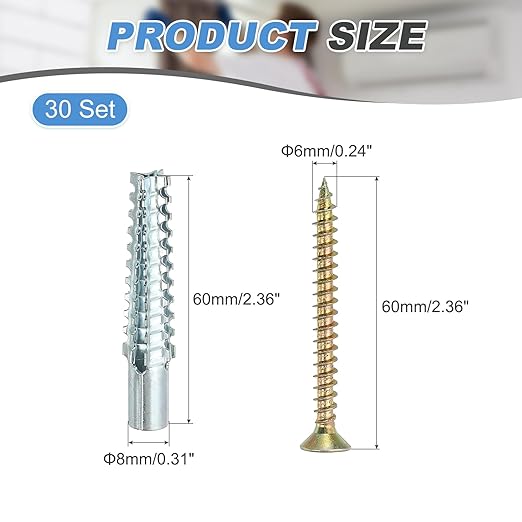 PATIKIL 30 Pcs Drywall Hollow Wall Anchors with Screws 0.24 x 2.36, Steel Dry Wall Anchors Kit for Wooden Concrete Plaster Hinge Hole Repair, Silver (8 x 60mm)