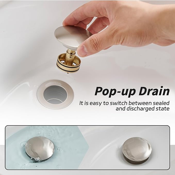 BWE Brushed Nickel One-Piece Sink Drain Stopper with Overflow for Bathroom Vessel Vanity Faucet Bathroom SinkPop-Up Drain Assembly with Strainer