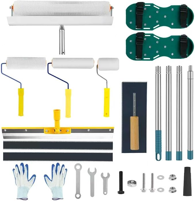 Complete Self Leveling Cement Tool Kit, Professional Epoxy Floor Kit Tools with Spiked Roller with Splash Guard, Spike Shoes, Paint Roller, Trowel, Scraper & Extension Pole
