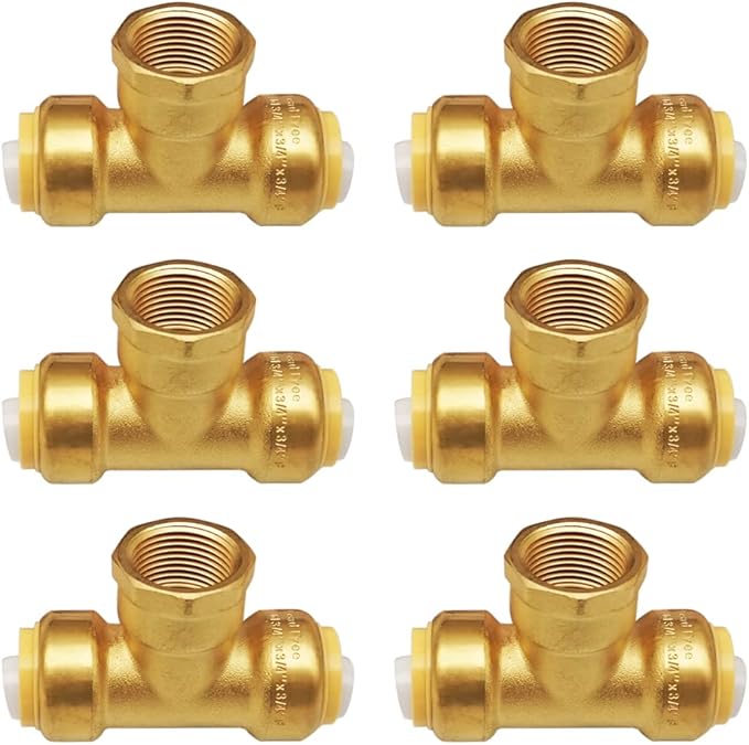 HQMPC Pex Fittings Tee Female 3/4" No Lead Push Fit Female Plumbing Tee Push-to-Connect Plumbing Fitting Brass Pipe Connector T Fit for Copper PEX CPVC 6Pcs