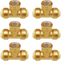 HQMPC Pex Fittings Tee Female 3/4" No Lead Push Fit Female Plumbing Tee Push-to-Connect Plumbing Fitting Brass Pipe Connector T Fit for Copper PEX CPVC 6Pcs